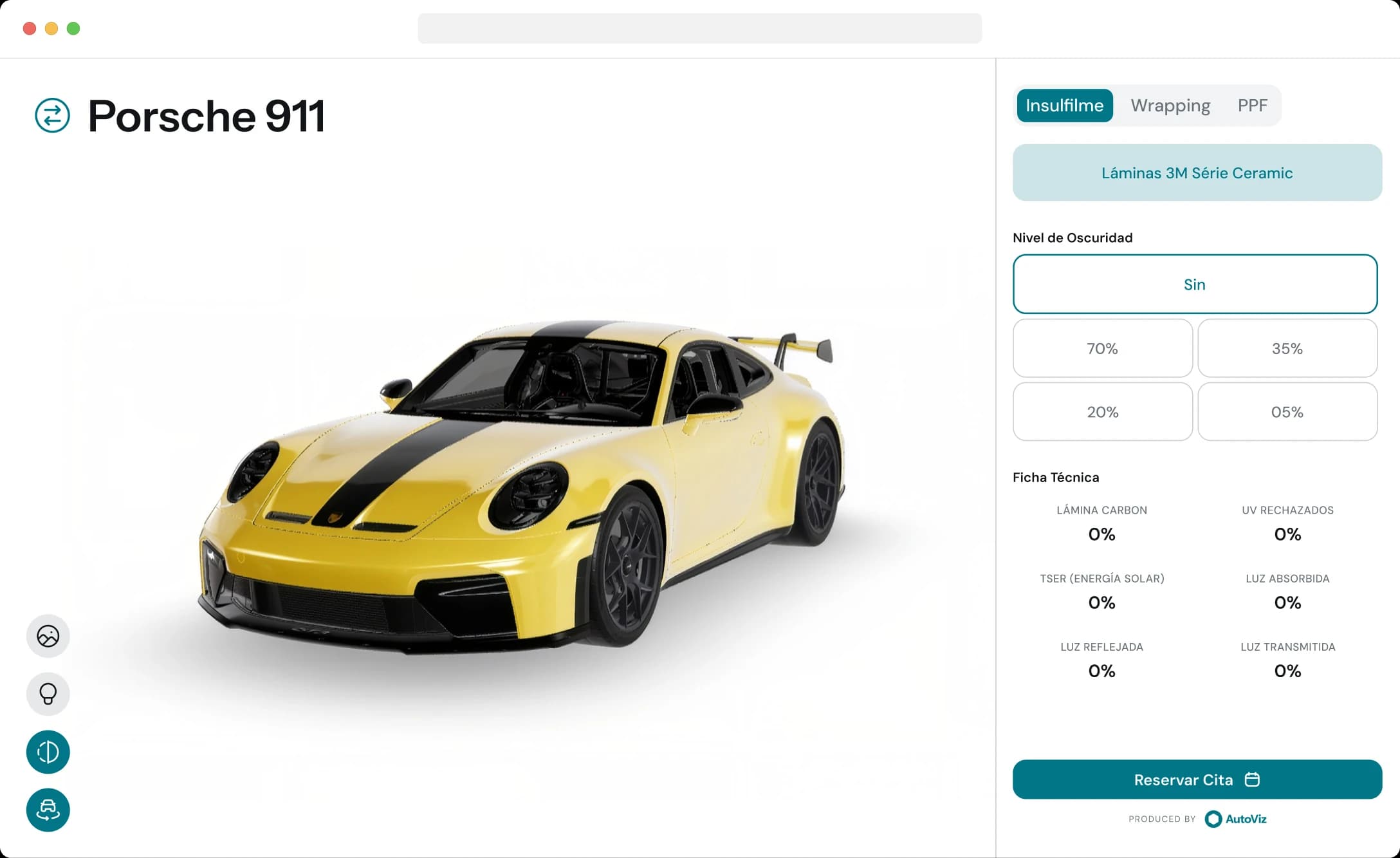 El simulador de AutoViz mostrando un Porsche 911 amarillo junto a los controles de láminas, vinilado y PPF.