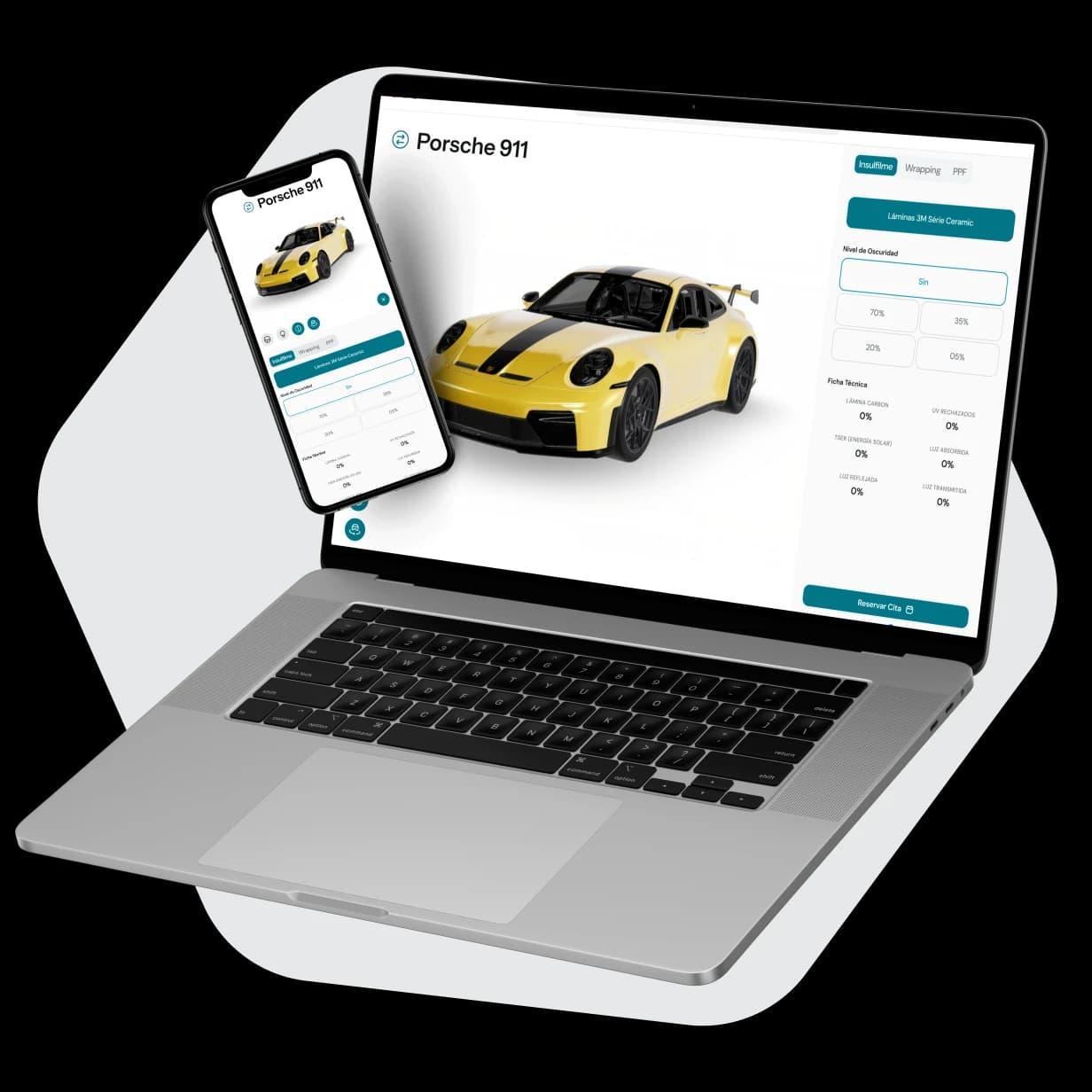 El simulador de AutoViz abierto en un portátil y en un móvil, mostrando un Porsche 911 con los controles de acabado.
